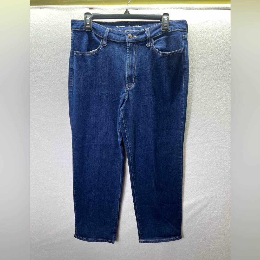 Old Navy Wow Loose Fit Jeans Womens 12 Short Blue Denim Stretch Darkwash 2519 - Picture 1 of 9